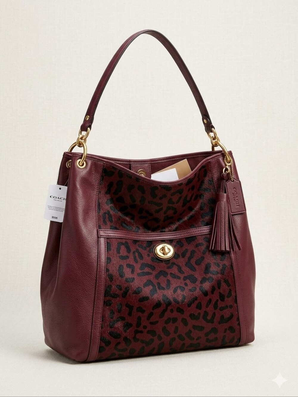 NWT Coach Burgundy Leopard Haircalf Leather Turnlock Large Hobo Shoulder Purse